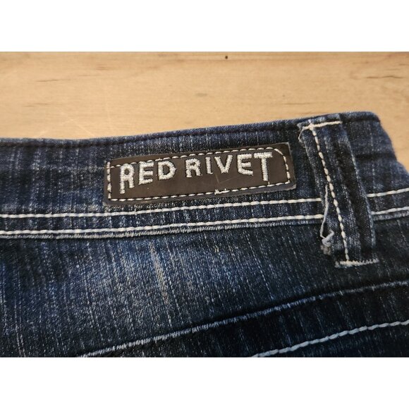 Red Rivet Jeans Embroidered Rhinestone Pockets Stretch Dark Blue Size 9 EUC - Picture 8 of 12